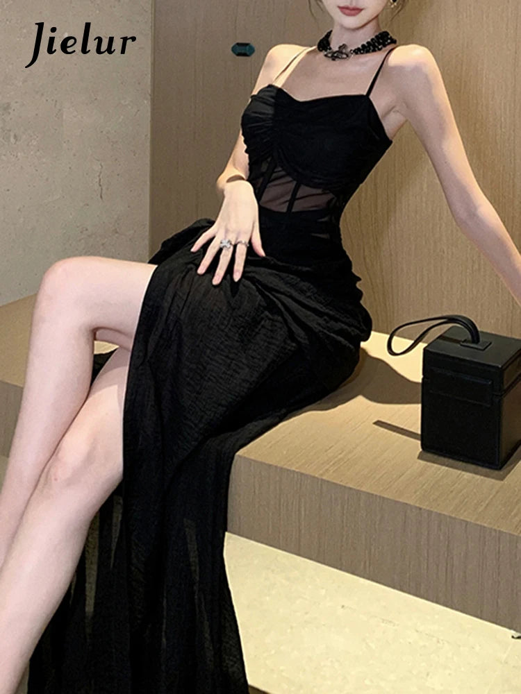 New French-Style Black Slim-Waist Split Sleeveless Evening/Party Dress