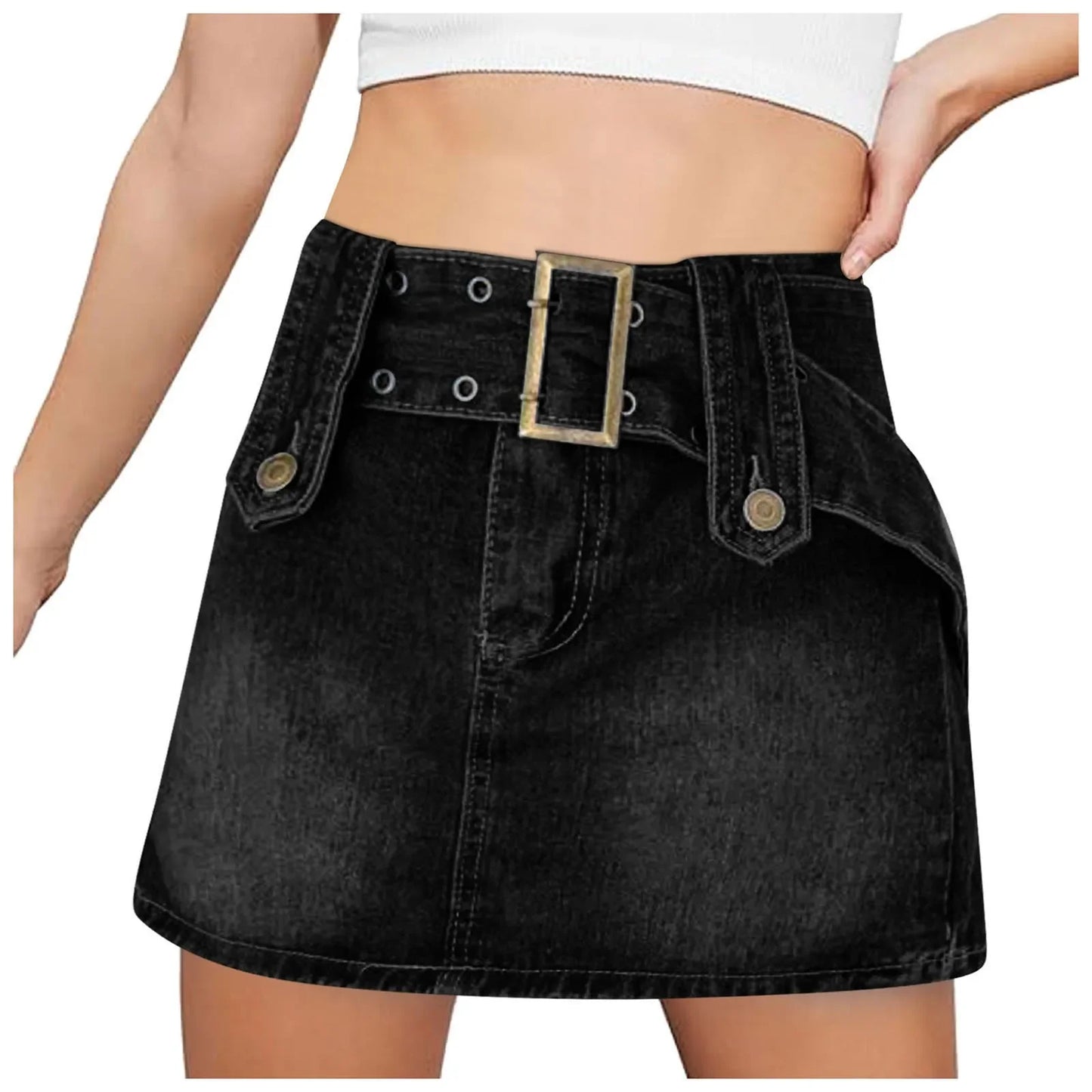 Tight High-Waist Denim Cargo Mini Skirt With Belt