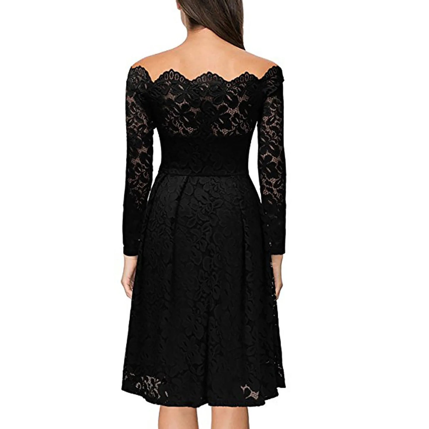 Flowy Hollow-Out Long-Sleeve A-Line Lace Dress With Lining