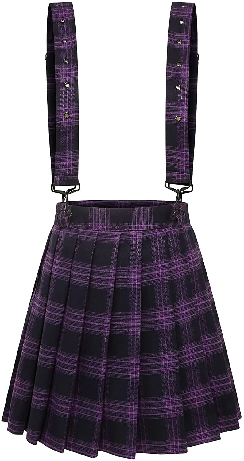 A-Line Decorative Strap Plaid Pleated Mini Skirt