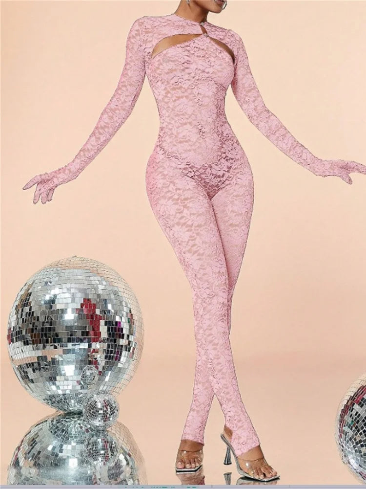 Nibber Lace Hollow Jumpsuits Women Long Sleeve Gloves Bow Metal Trim Button See Through Midnight Sexy Skinny Elasticity Outfits