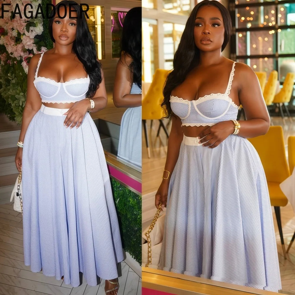 FAGADOER Elegant Lace Patchwork 2 Pieces Set for Woman Spaghetti Strap Stripes Camisole and Skirt Female Streetwear Vestidos New