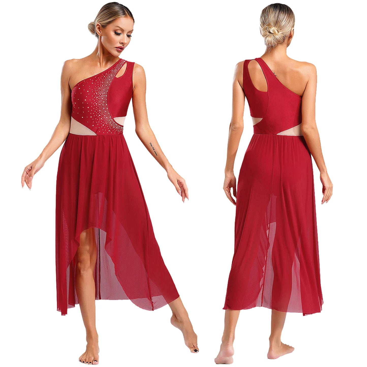 Women Lyrical Dance Costume Sleeveless Rhinestone Ballet Gymnastic Leotard Skirt with Crop Top Set Contemporary Dance Dress