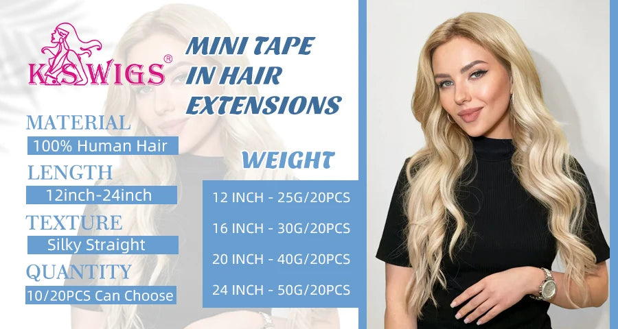K.S WIGS Mini Tape in Hair Extensions Human Hair Straight Seamless Skin Weft Real Natural Brazilian Hair For Women Balayage 10Pc