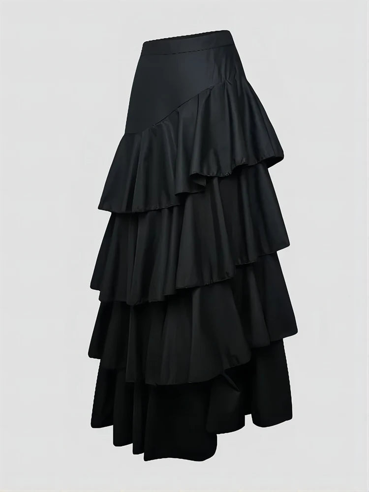 High-Waist Layered Ruffle Maxi Cake Skirt