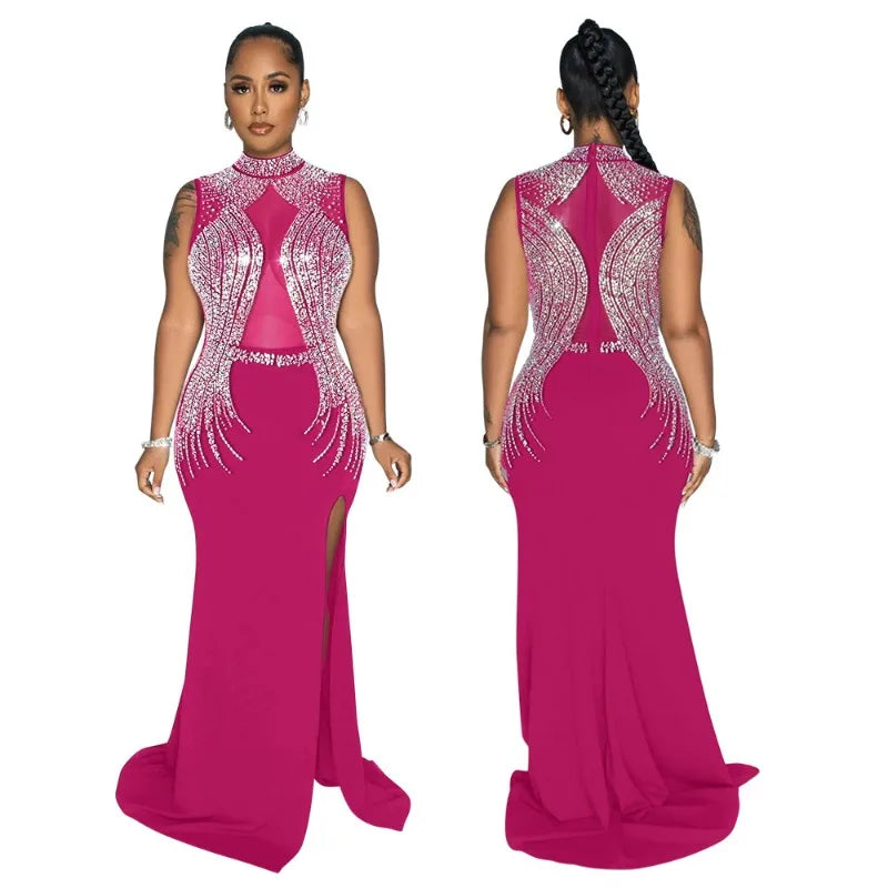 Round-Neck High-Slit Solid-Colour Hot Diamond Party Long Dress