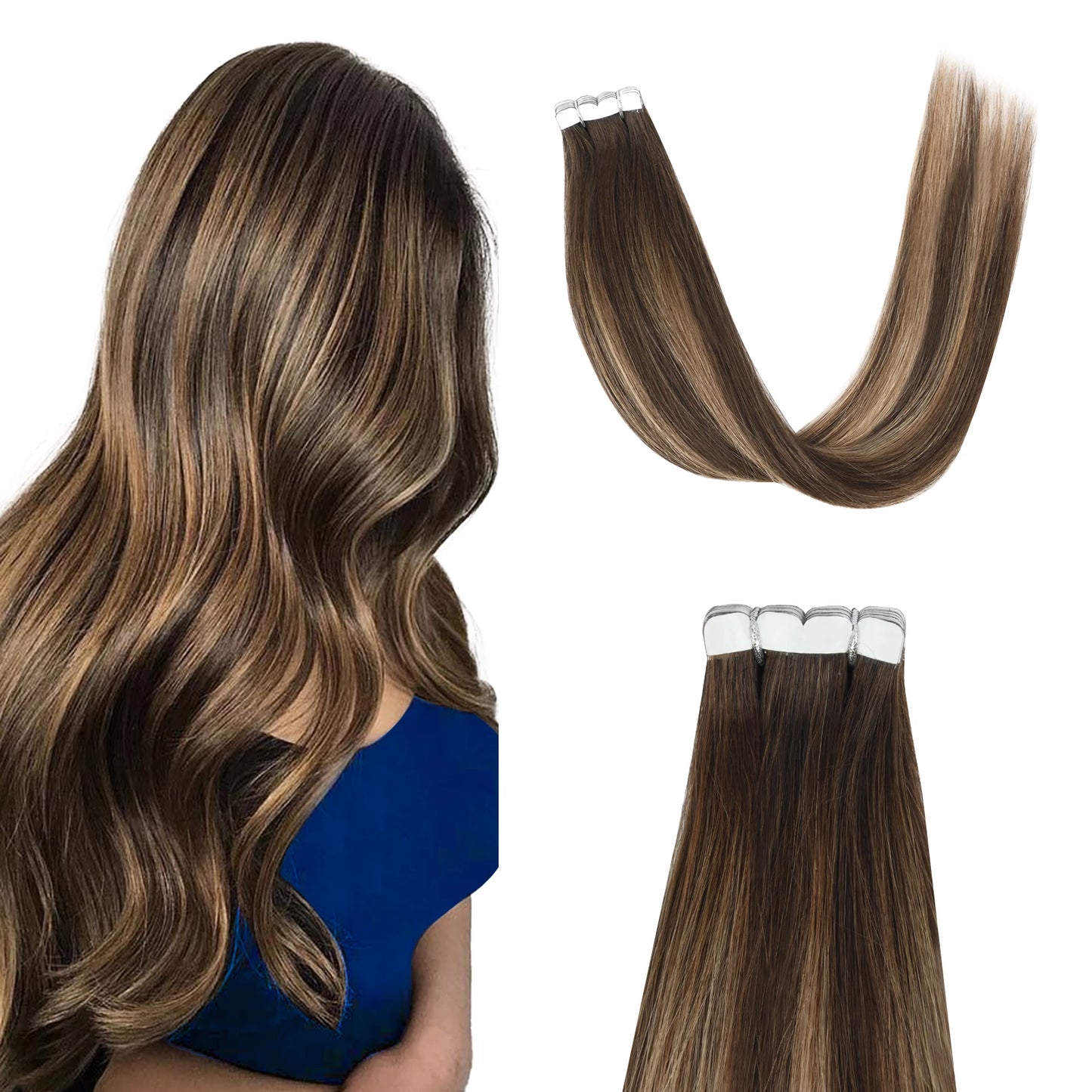 K.S WIGS Mini Tape in Hair Extensions Human Hair Straight Seamless Skin Weft Real Natural Brazilian Hair For Women Balayage 10Pc