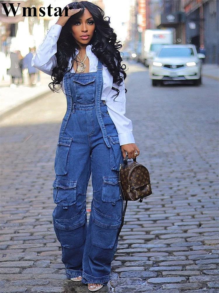 Sleeveless Wide-Leg Vintage Loose Denim Pocket Overalls