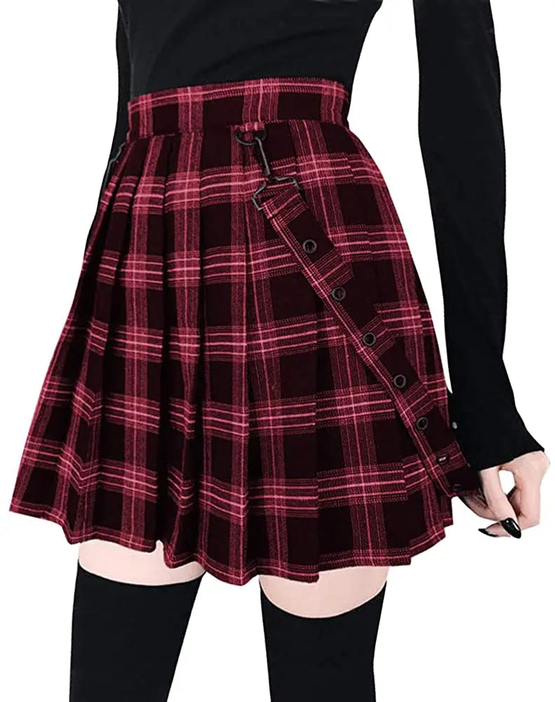 A-Line Decorative Strap Plaid Pleated Mini Skirt