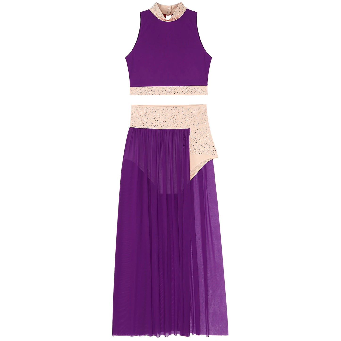 Women Lyrical Dance Costume Sleeveless Rhinestone Ballet Gymnastic Leotard Skirt with Crop Top Set Contemporary Dance Dress