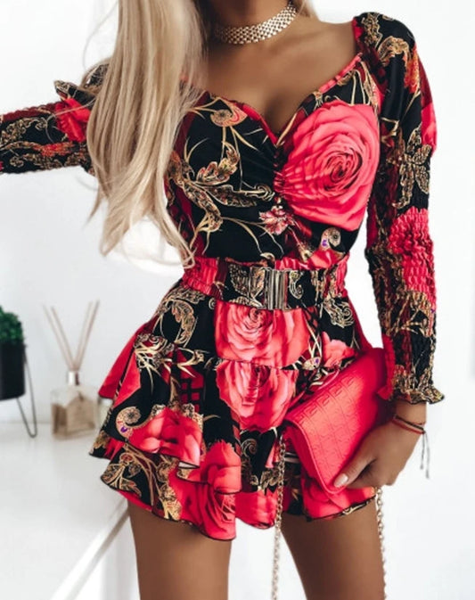 Floral Print Shirred Layered Dress