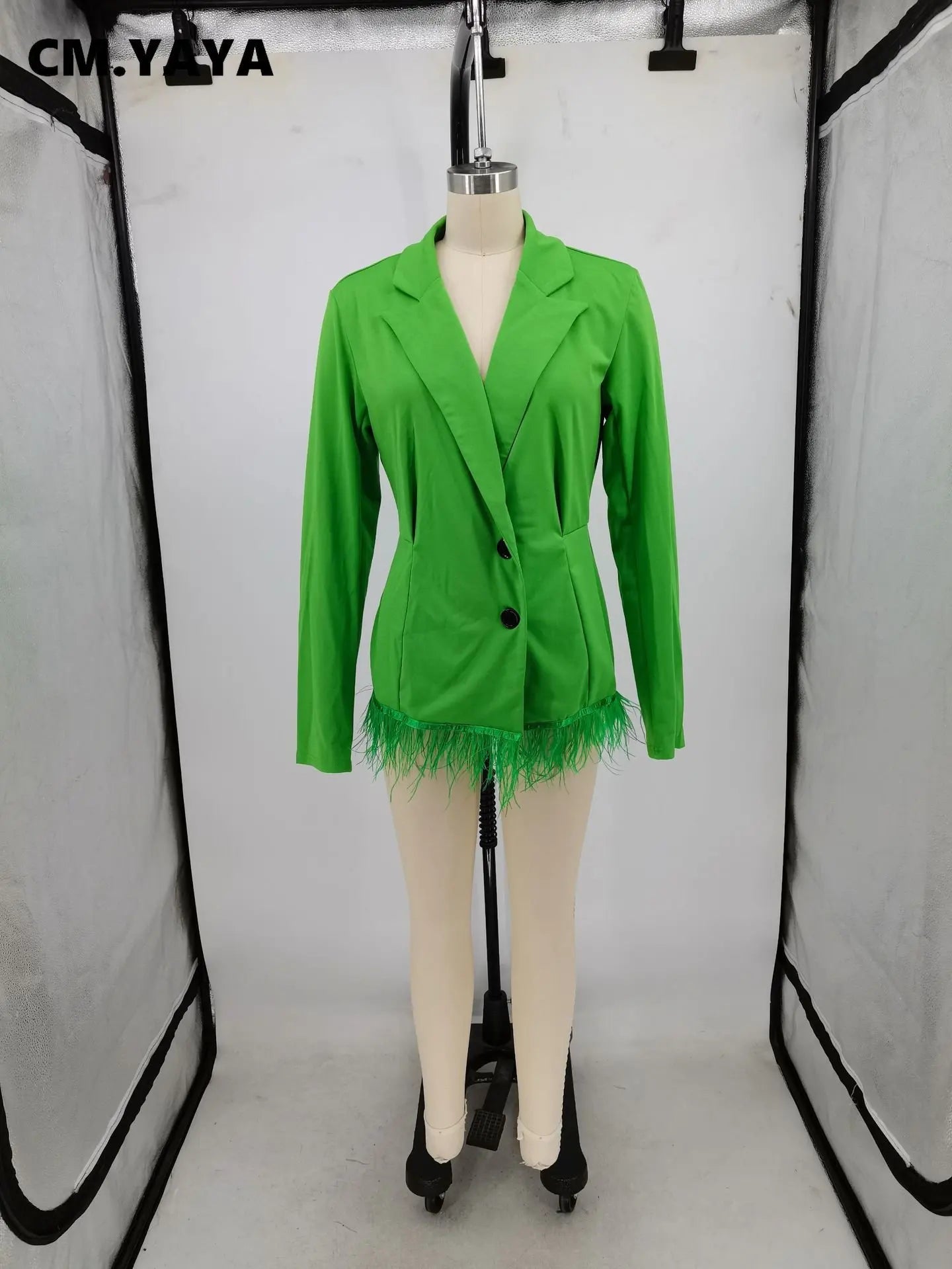 CM YAYA Elegant Long-Sleeve Notched Neck Feather Tassel Hem Blazer-Style Dress
