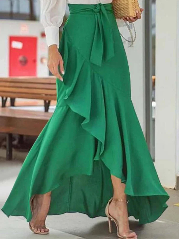 Ruffle-Hem Casual Elastic-Waist Mermaid Maxi Skirt