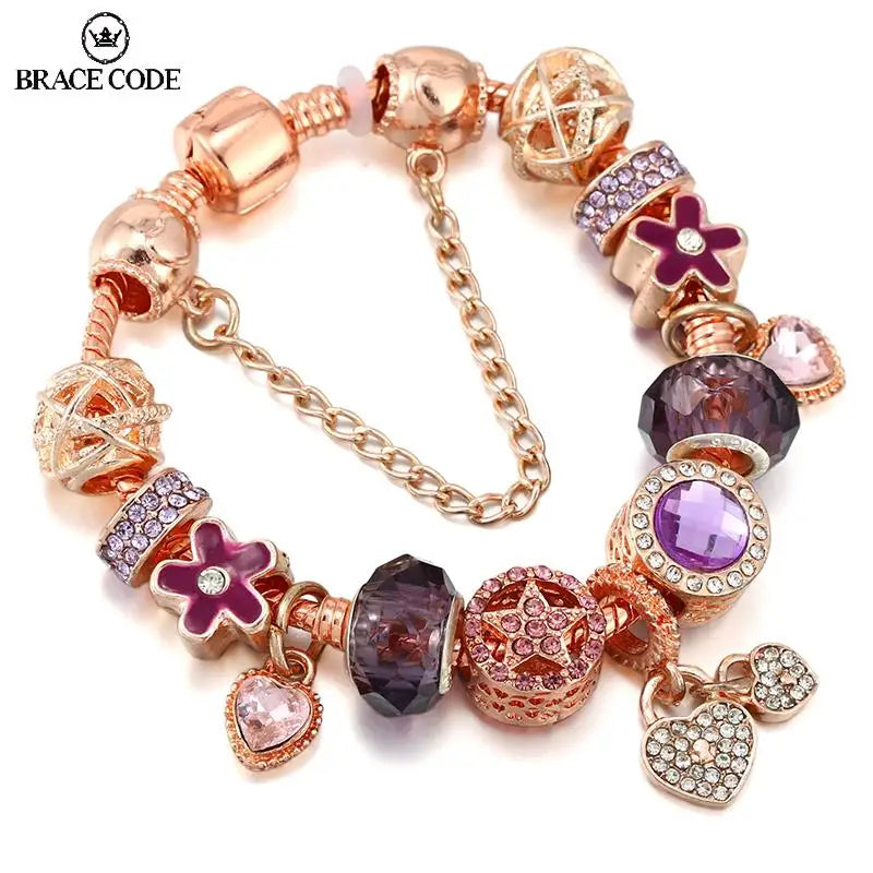 Rose Golden Purple Lloret Heart-Shaped Pendant Charm Bracelet