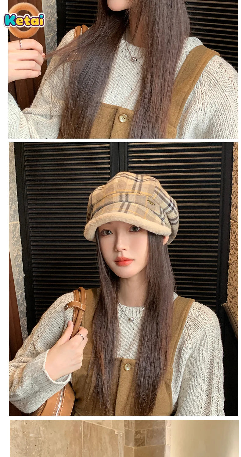 Vintage Plaid Plush Warm Octagonal Hat