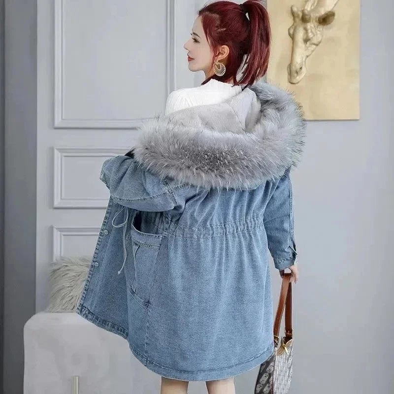 Hooded Fur-Collar Long Denim Coat For Women