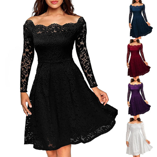 Flowy Hollow-Out Long-Sleeve A-Line Lace Dress With Lining