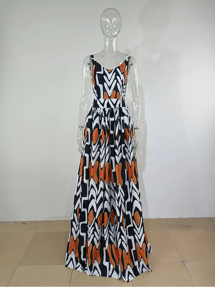 Backless Boho Print Big Swing Maxi Dress