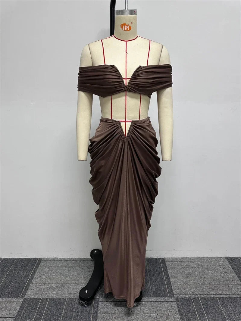 Sexy Party Night Ruched Maxi Dress Sets for Women Two Piece Set Sexy Club Outfits Slash Neck Crop Top + Long Skirt Matching Sets