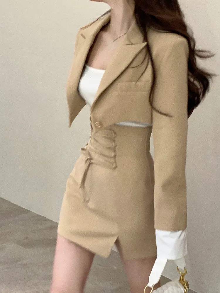 Casual Y2k Crop Top Elegant Jacket Coat + Mini Skirt