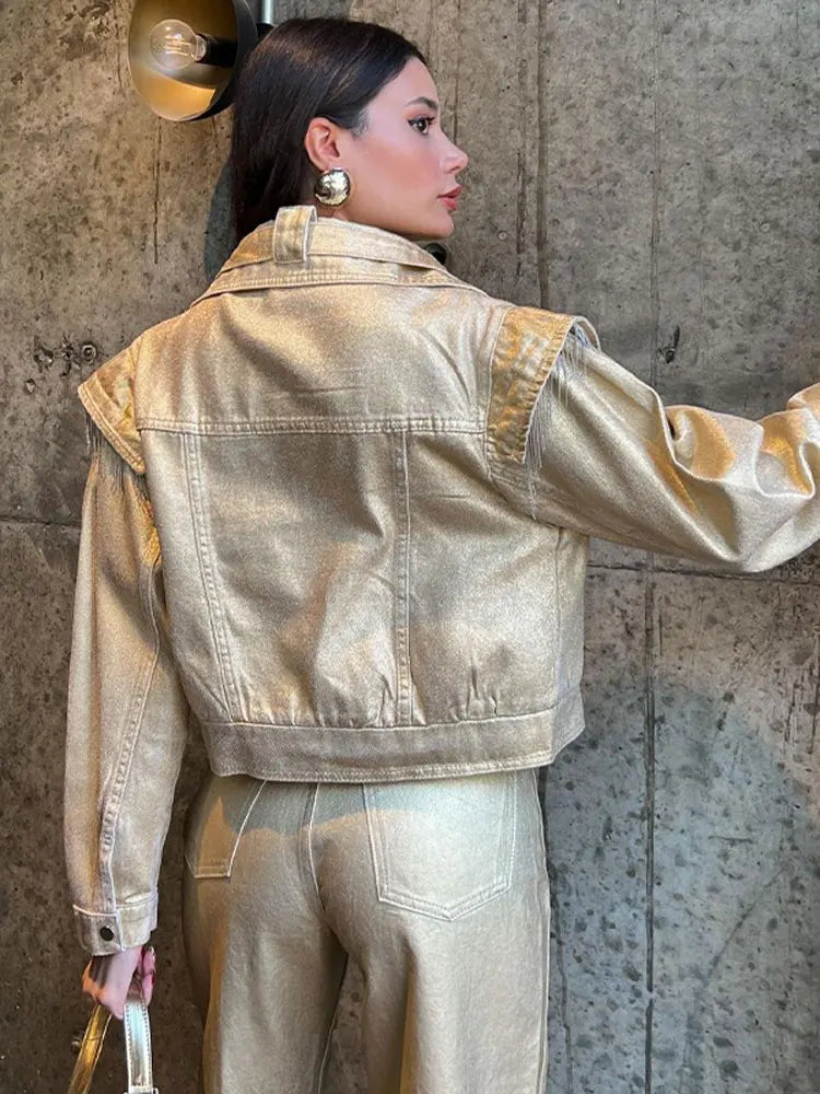 Women's Shiny Gold Jacket - Cropped Chic Outerwear With Pants+Coat Option