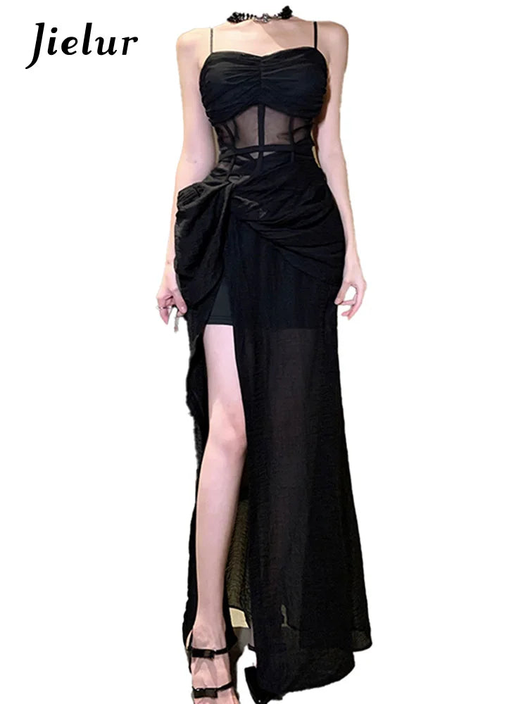 New French-Style Black Slim-Waist Split Sleeveless Evening/Party Dress