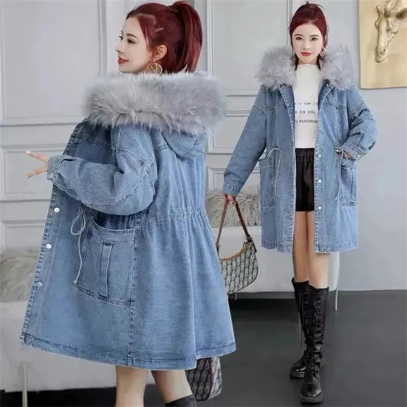 Hooded Fur-Collar Long Denim Coat For Women