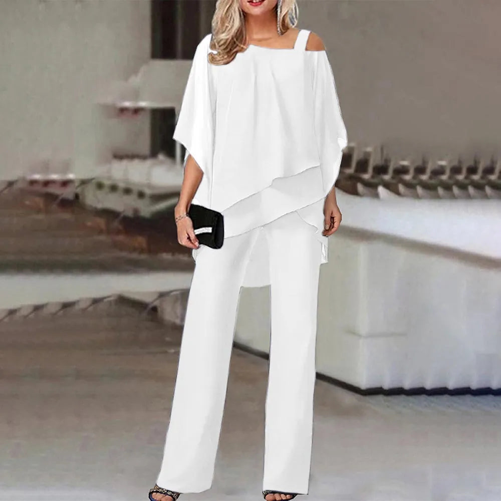 Solid-Colour Cold-Shoulder Two-Piece Set Jumpsuit