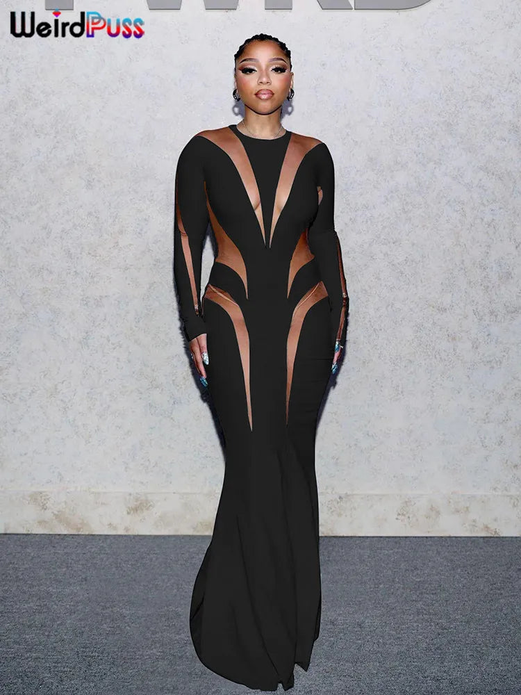 Mesh Patchwork Elegant Long-Sleeve O-Neck Maxi Bodycon