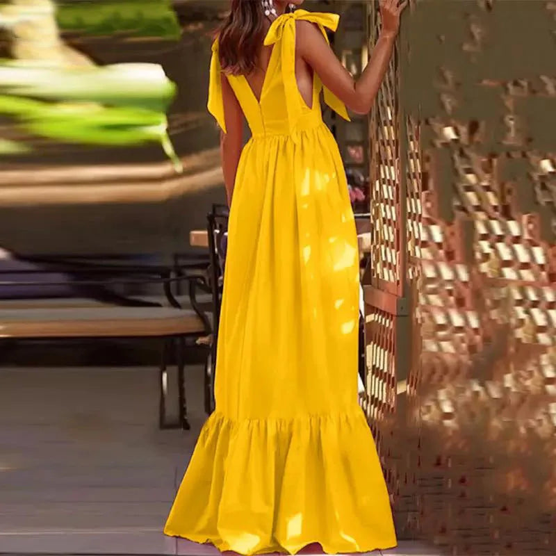 High-Waist Vintage V-Neck Long Dress