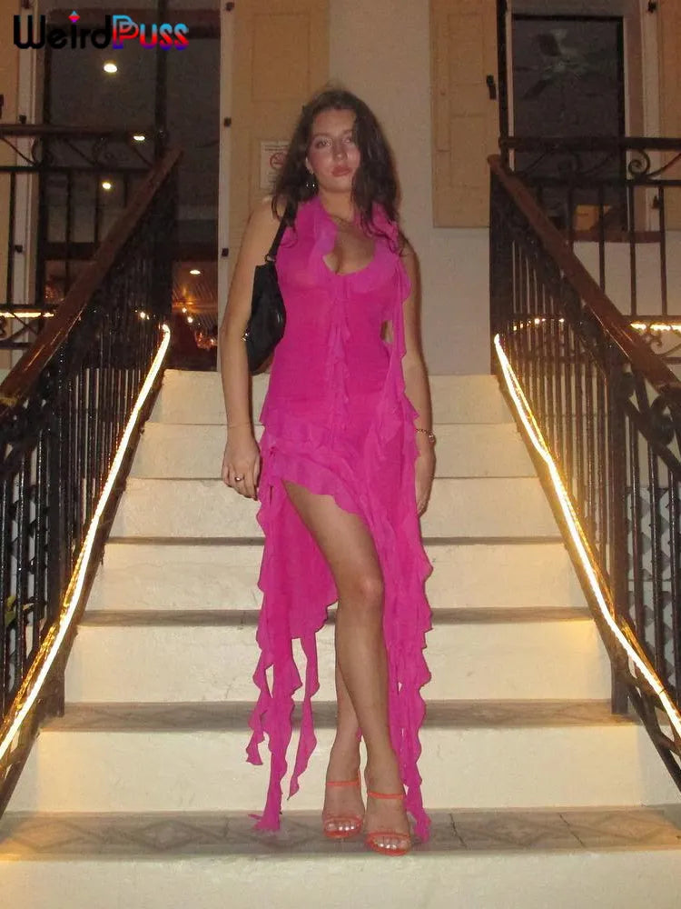 Deep V-Neck Sleeveless Ruffles Skinny See-Through Irregular Elastic Slim Bodycon