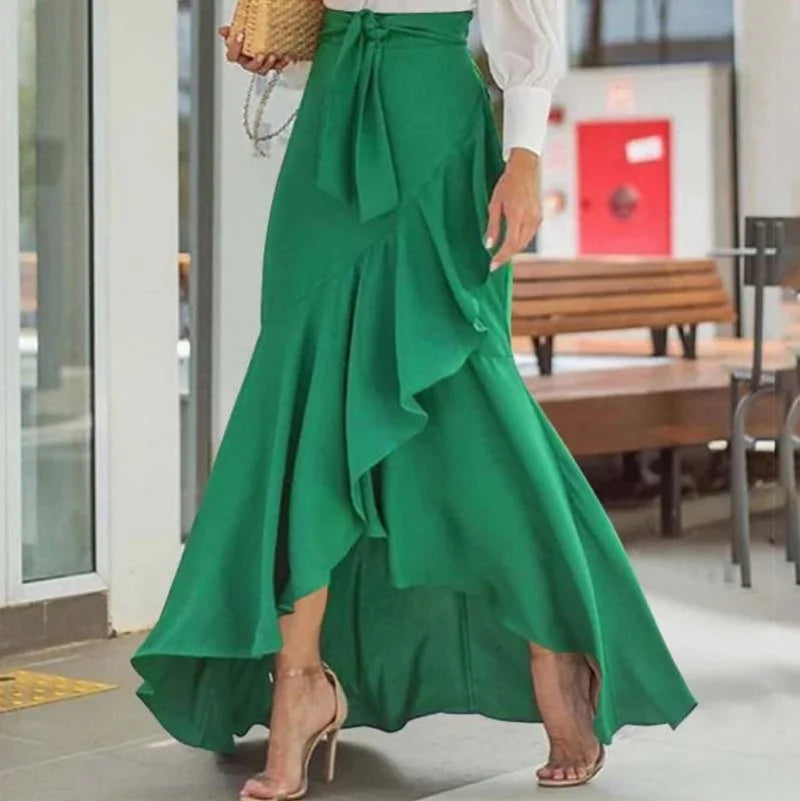 Ruffle-Hem Casual Elastic-Waist Mermaid Maxi Skirt