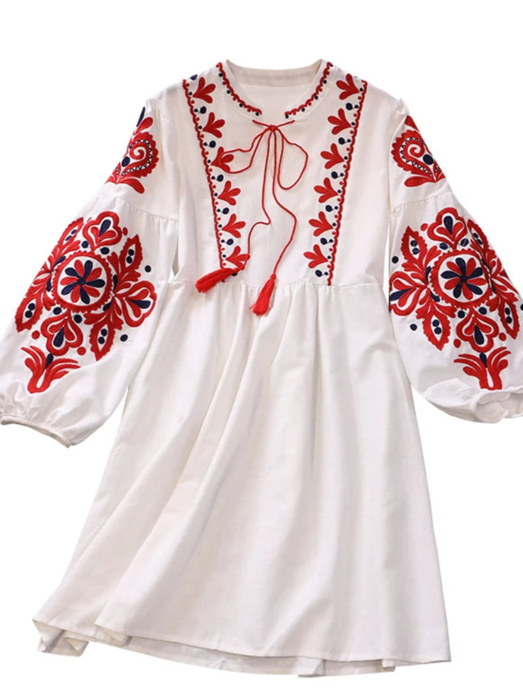 Retro Ethnic Embroidered Dress - Lantern Sleeves Bohemian Holiday Dress