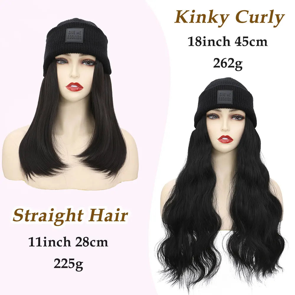 S-noilite Synthetic Black Hat Wig Beanies Hat With Hair Wigs For Women Straight Wavy Hair Warm Plush Knitted Autumn Winter Cap