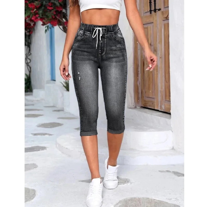 Drawtring High-Waist Stretch Knee-Length Ripped Short Jean Pants