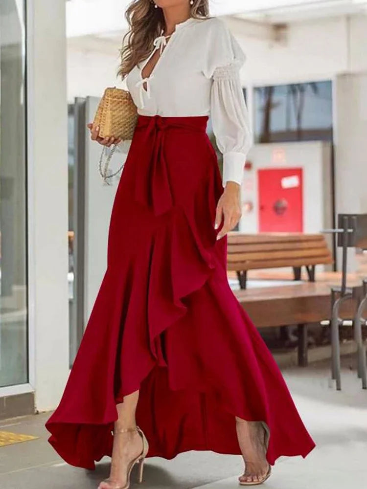 Ruffle-Hem Casual Elastic-Waist Mermaid Maxi Skirt