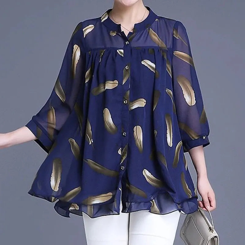 Women's 3/4 Sleeve Casual Printed Chiffon Blouse