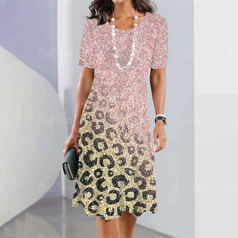 Leopard Print O-Neck Midi Dress