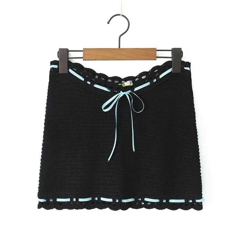 Applique Knit Drawstring Mini Skirt