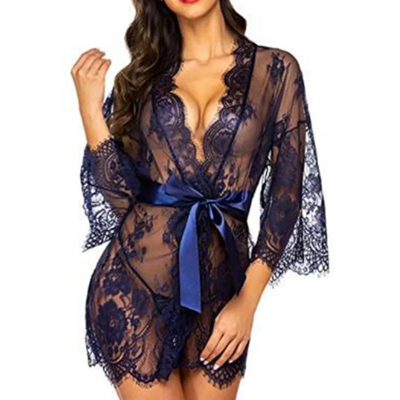 Bandage Deep V G-String See-Through Sexy Sheer Lingerie Sleep Dress Robe