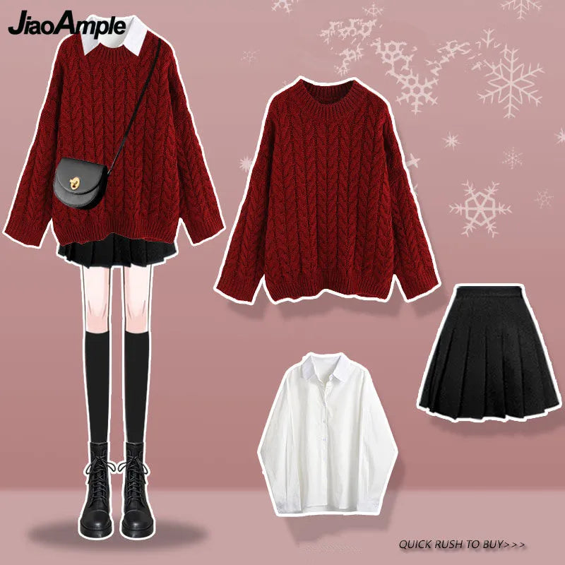 Lucky-Red Sweater Shirt + Pleated Mini Skirts - 1 Piece or Set