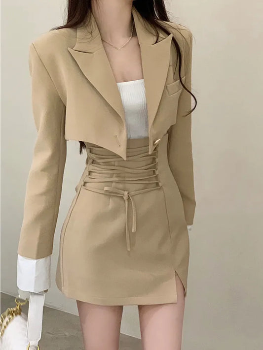 Casual Y2k Crop Top Elegant Jacket Coat + Mini Skirt