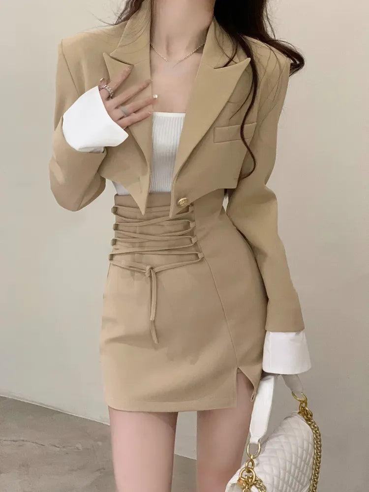 Casual Y2k Crop Top Elegant Jacket Coat + Mini Skirt