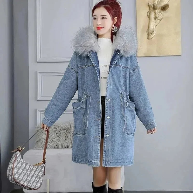 Hooded Fur-Collar Long Denim Coat For Women