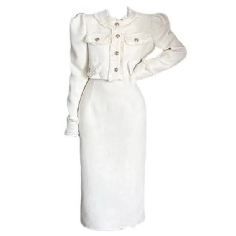 Women Tweed Fragrant Suit Jacke Coat Top And Long Skirt Two Piece Set Matching Outfit Jacquar Elegant Prom Party Clothing 2023