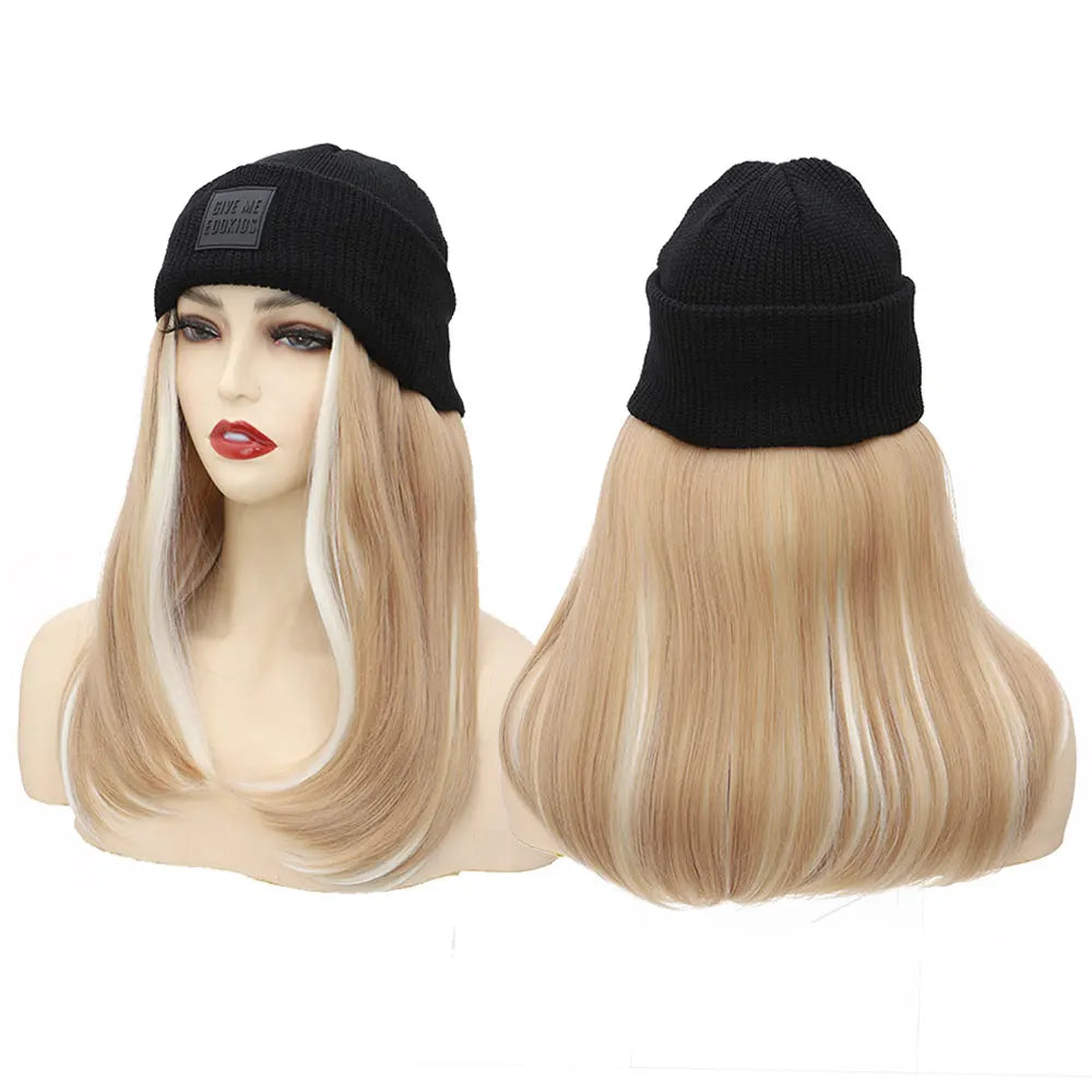 S-noilite Synthetic Black Hat Wig Beanies Hat With Hair Wigs For Women Straight Wavy Hair Warm Plush Knitted Autumn Winter Cap