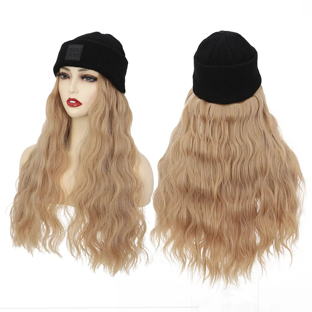 S-noilite Synthetic Black Hat Wig Beanies Hat With Hair Wigs For Women Straight Wavy Hair Warm Plush Knitted Autumn Winter Cap
