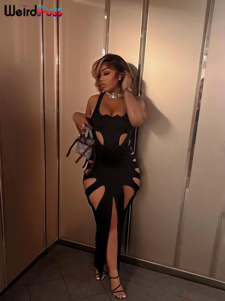 Sleeveless Split Solid Skinny Stretch Maxi Bodycon Clubwear