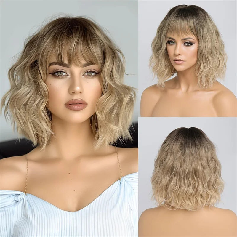 Blonde Human Hair Wig with Bangs Natural Women"s Wigs Ombre Golden Blonde Lace Front Wigs Glueless Wear and go Fringe Wigs Sale