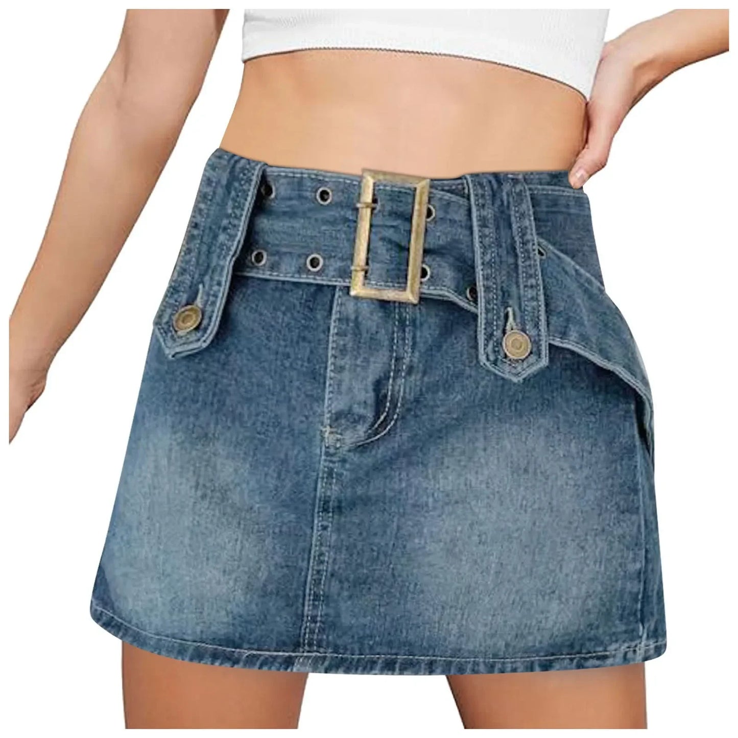 Tight High-Waist Denim Cargo Mini Skirt With Belt